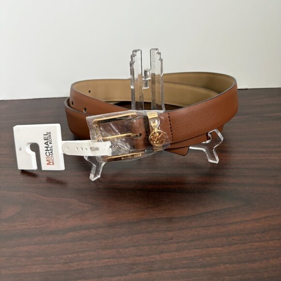 Michael Kors Logo Brown Leather Belt Gold Hardware Size XL New - Picture 1 of 5